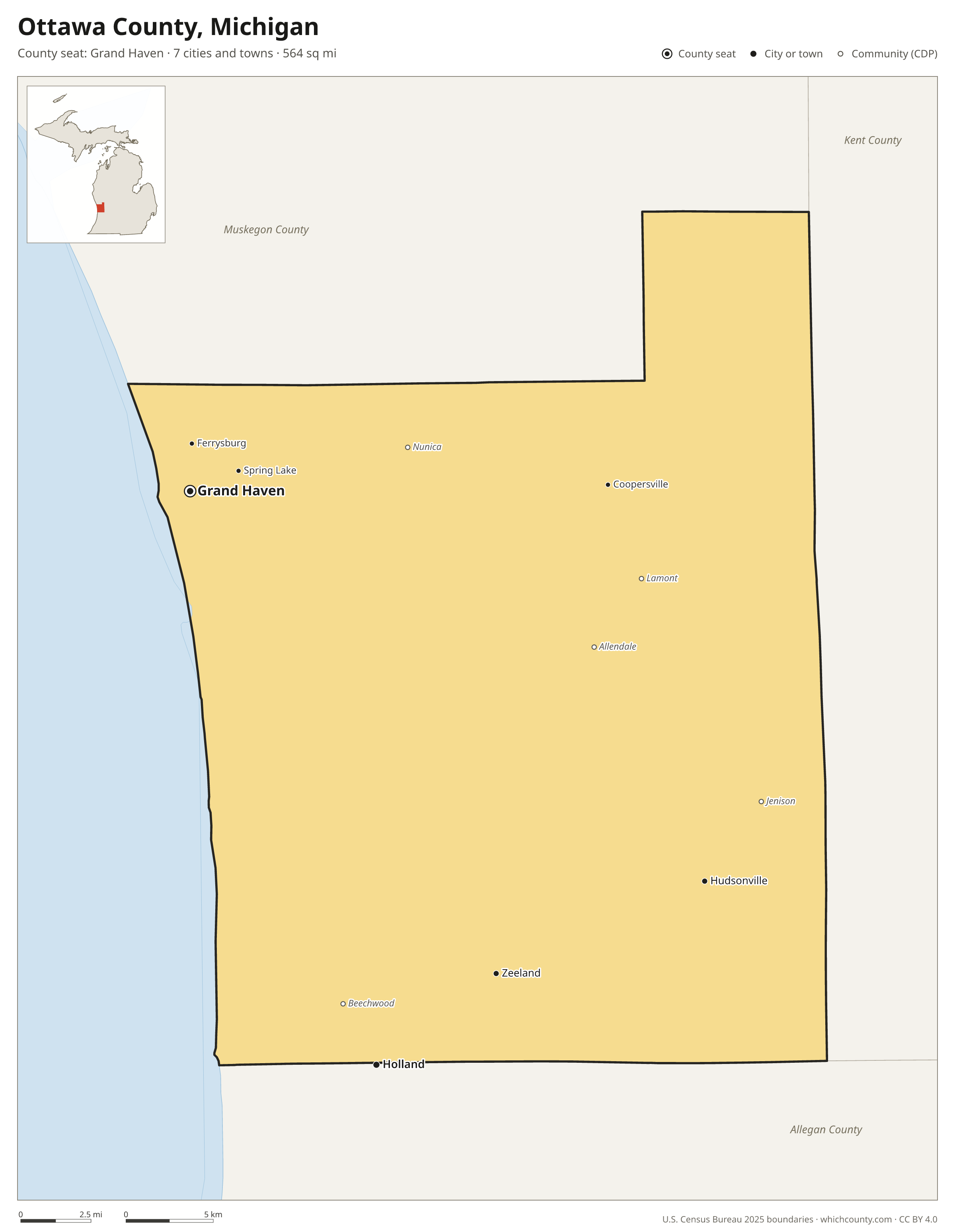 Map of Ottawa County, Michigan with cities, towns and the county boundary