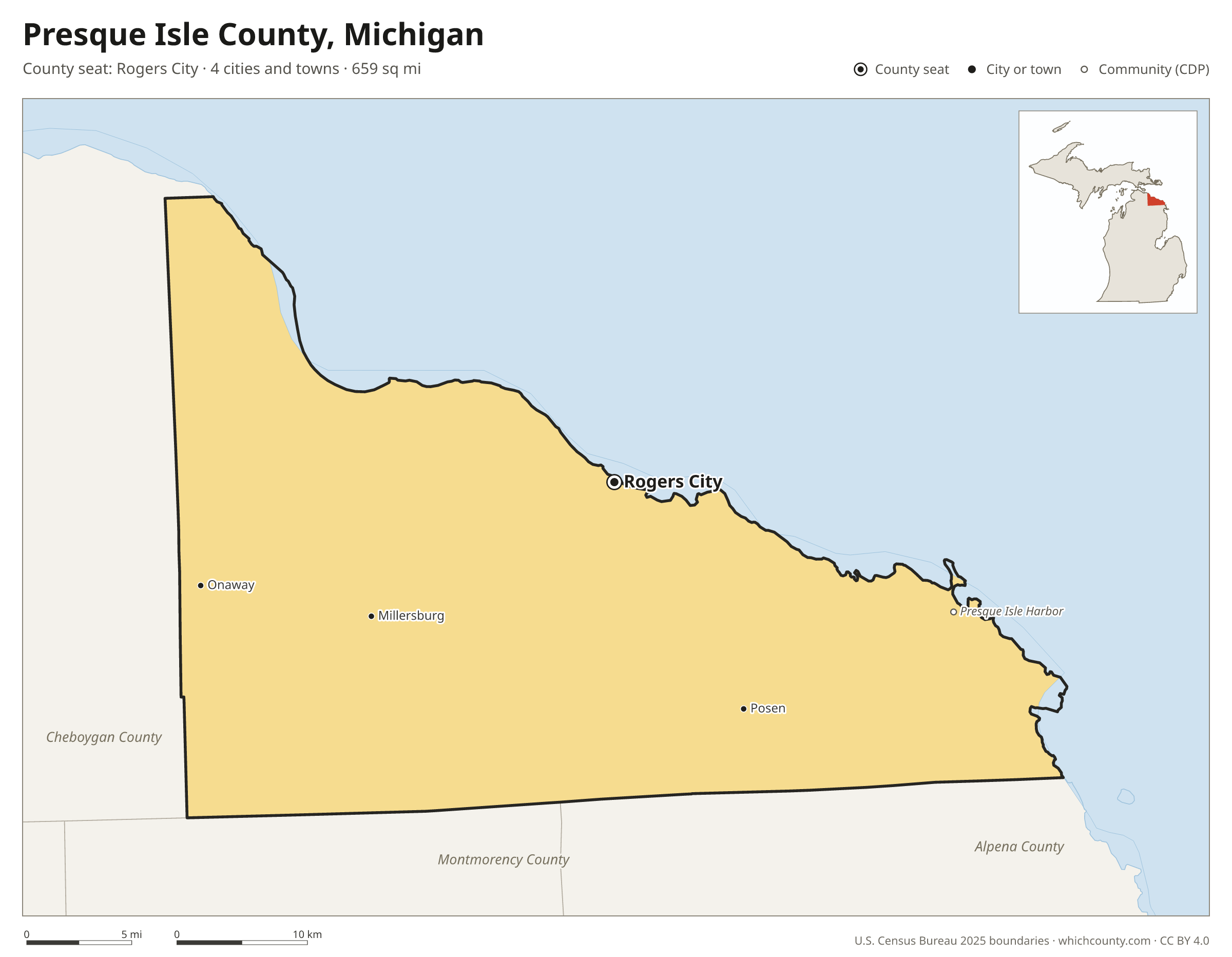 Map of Presque Isle County, Michigan with cities, towns and the county boundary