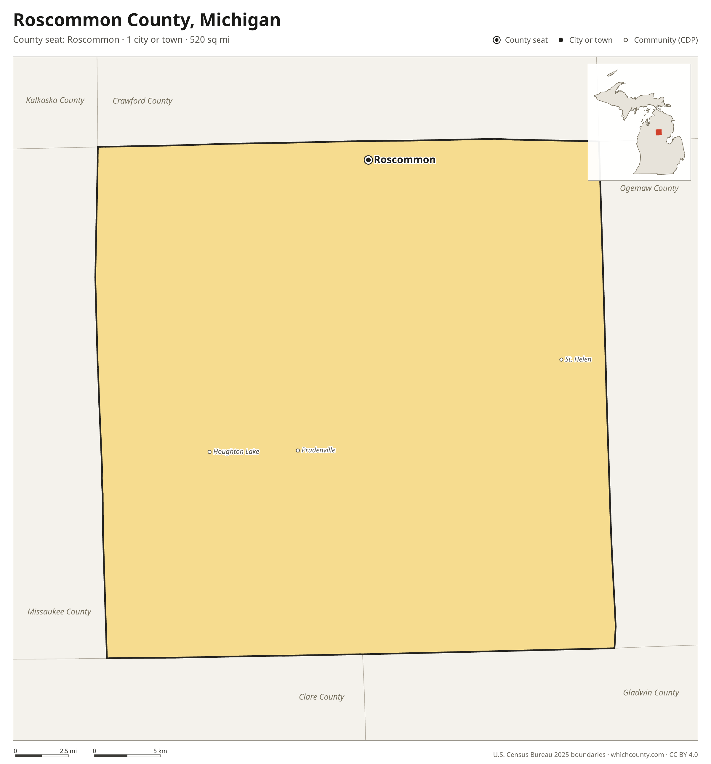 Map of Roscommon County, Michigan with cities, towns and the county boundary