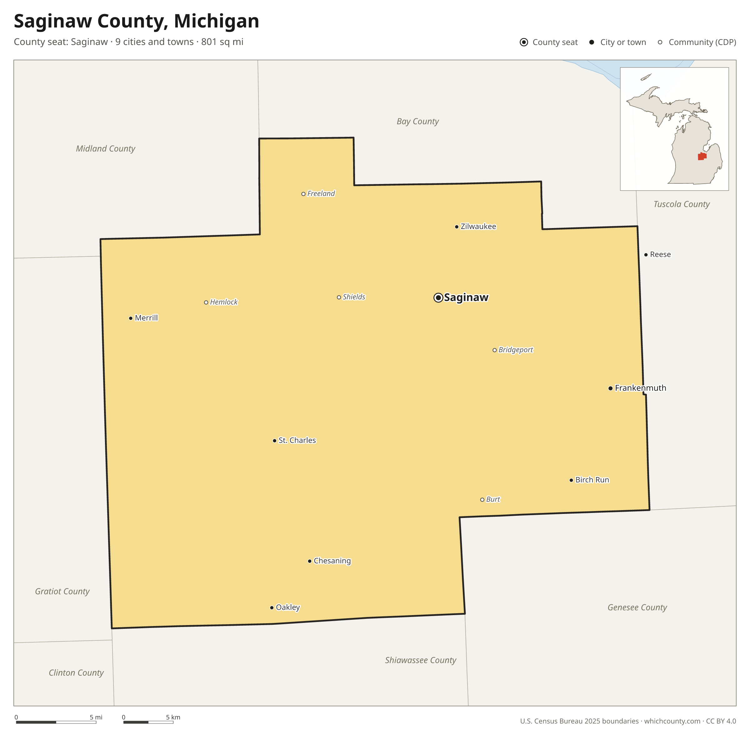 Map of Saginaw County, Michigan with cities, towns and the county boundary