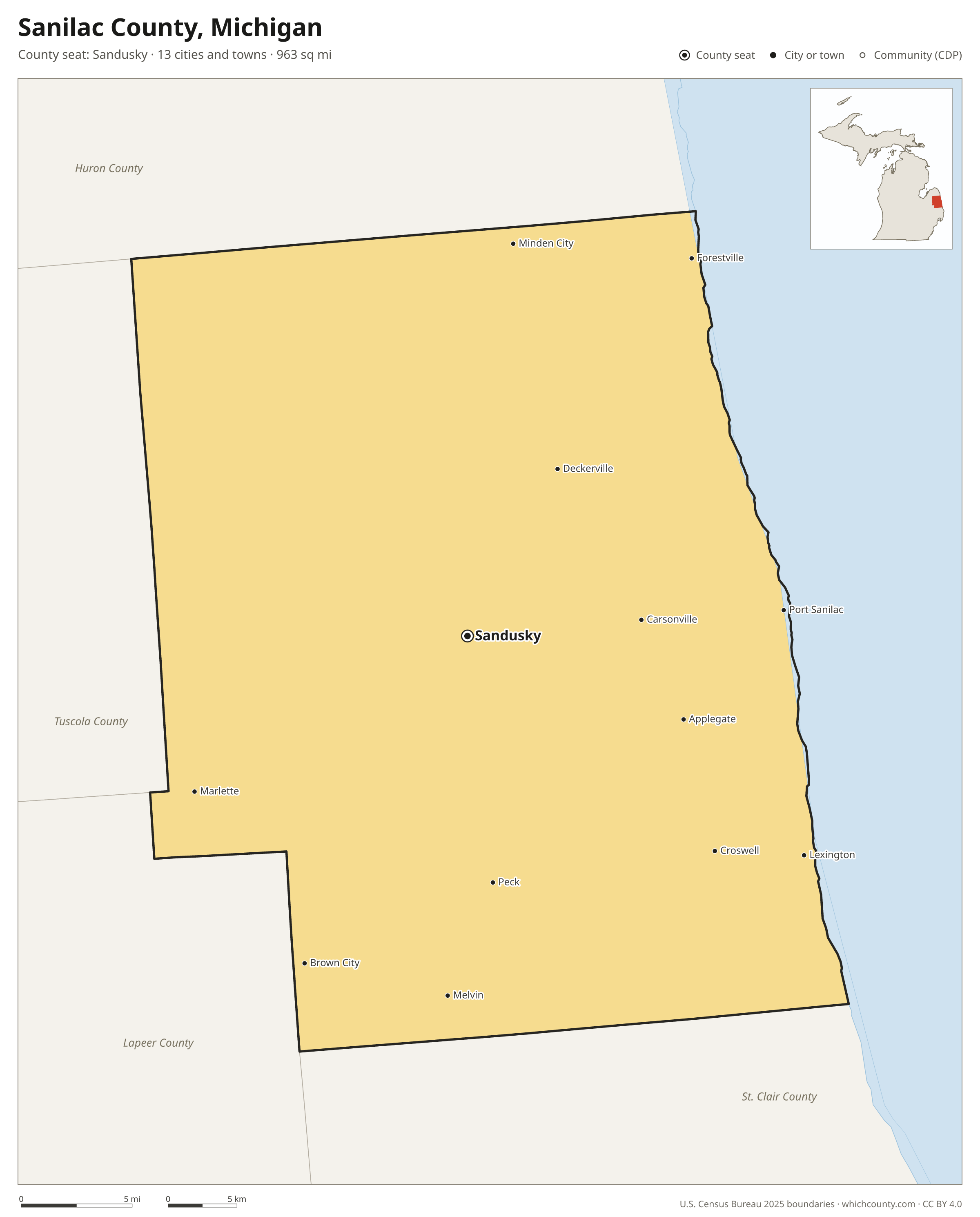 Map of Sanilac County, Michigan with cities, towns and the county boundary