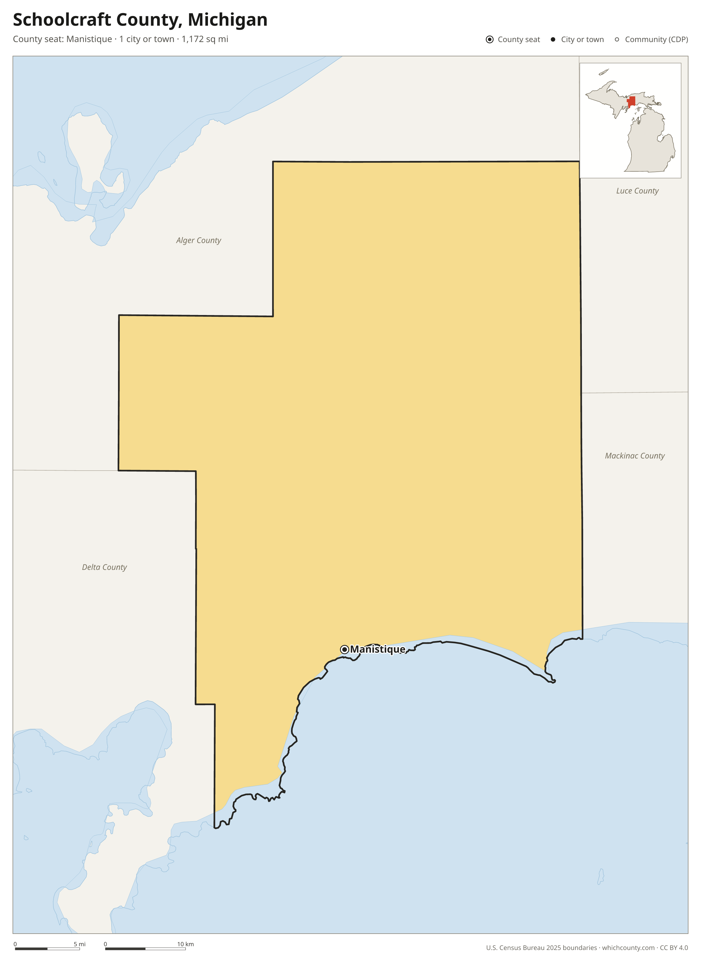 Map of Schoolcraft County, Michigan with cities, towns and the county boundary