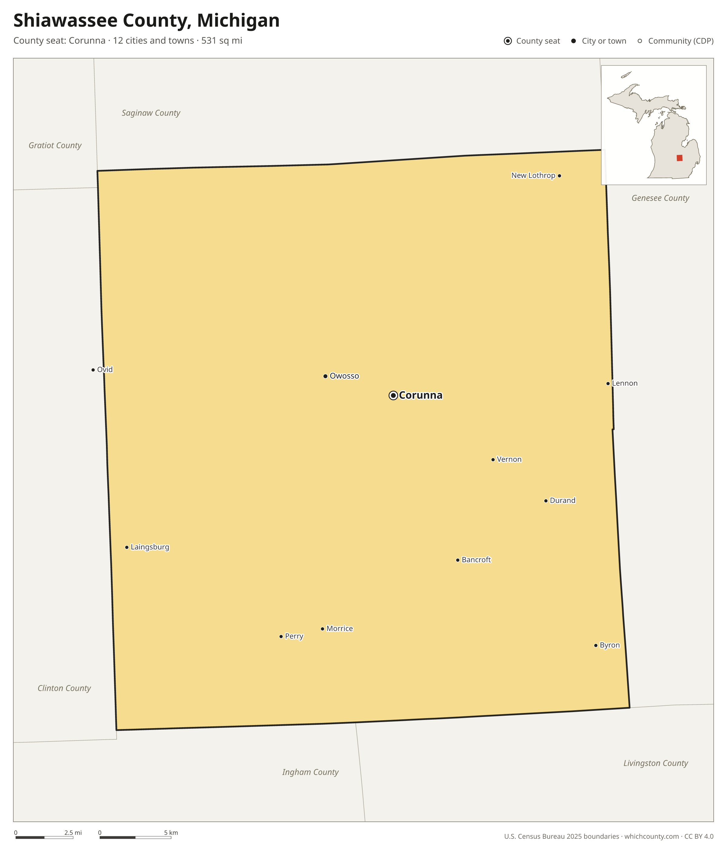 Map of Shiawassee County, Michigan with cities, towns and the county boundary
