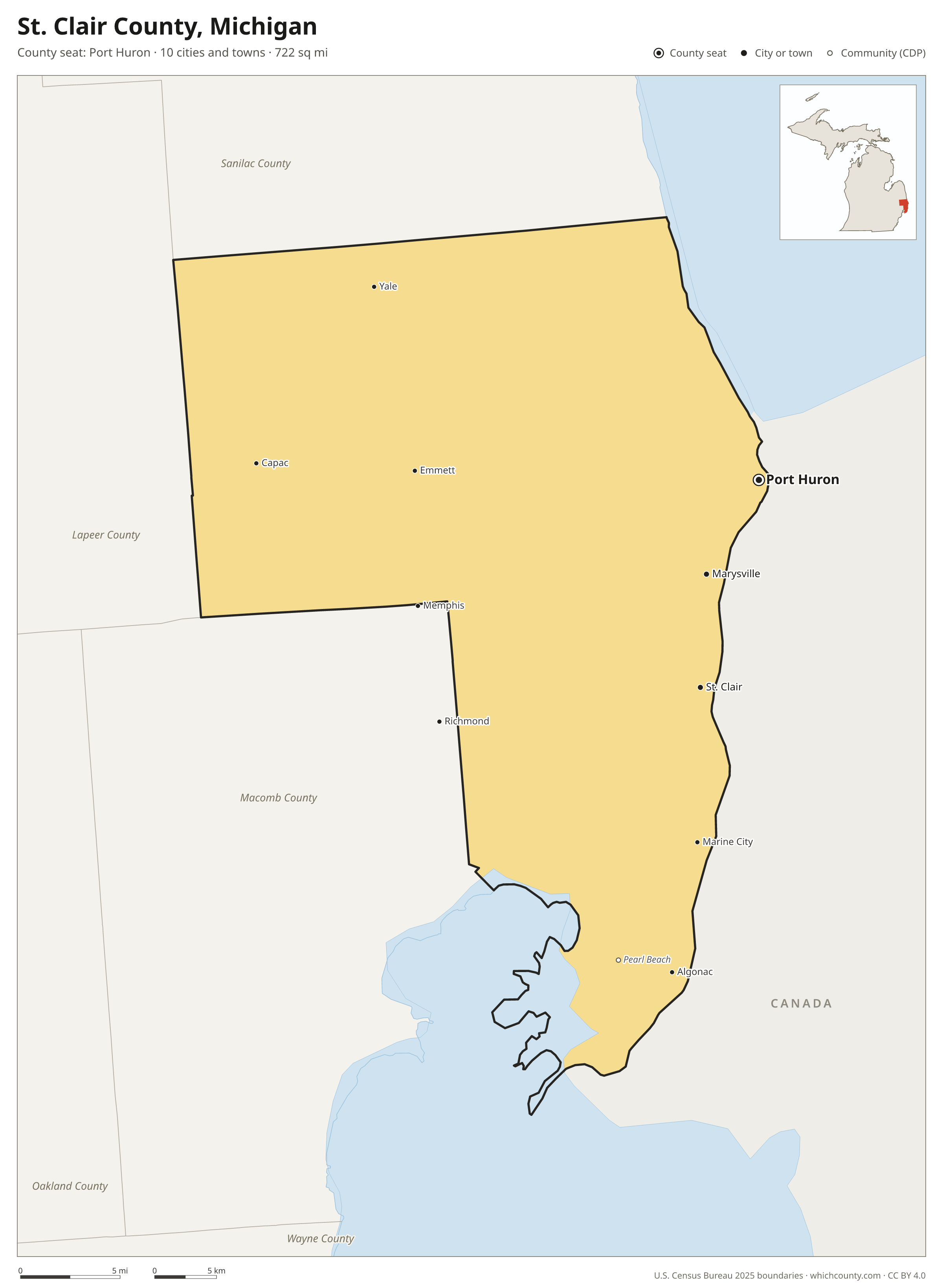Map of St. Clair County, Michigan with cities, towns and the county boundary