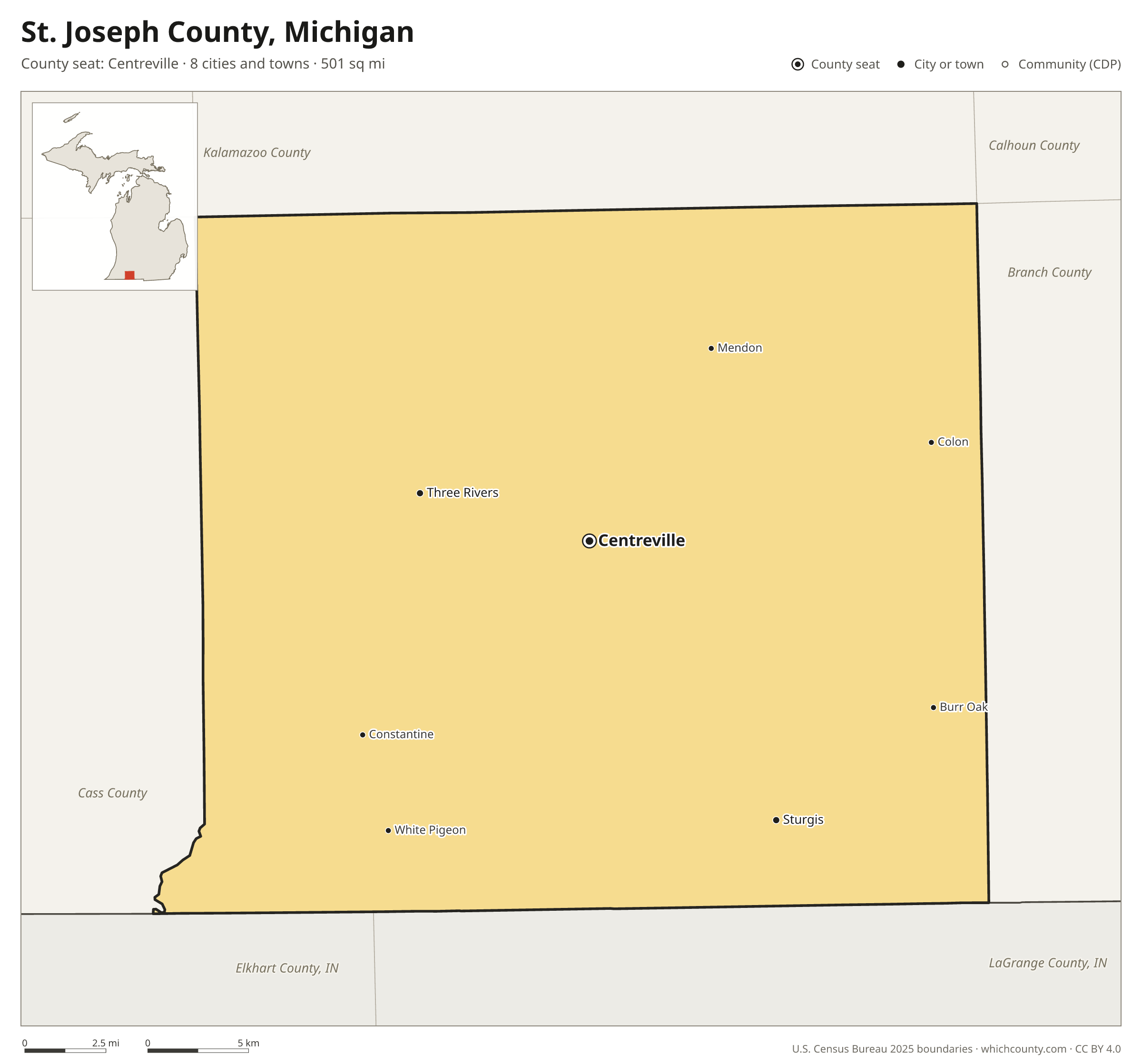 Map of St. Joseph County, Michigan with cities, towns and the county boundary