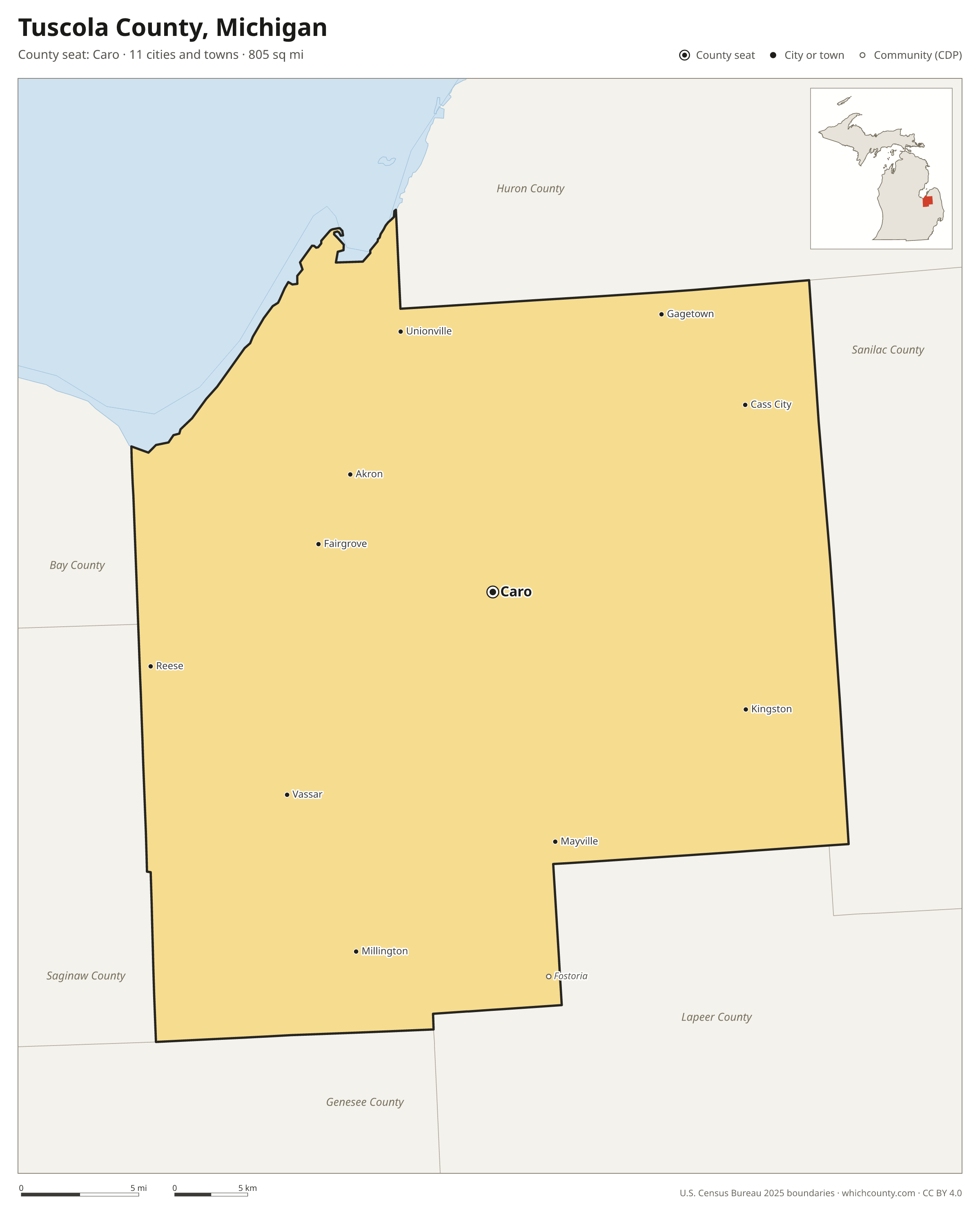 Map of Tuscola County, Michigan with cities, towns and the county boundary