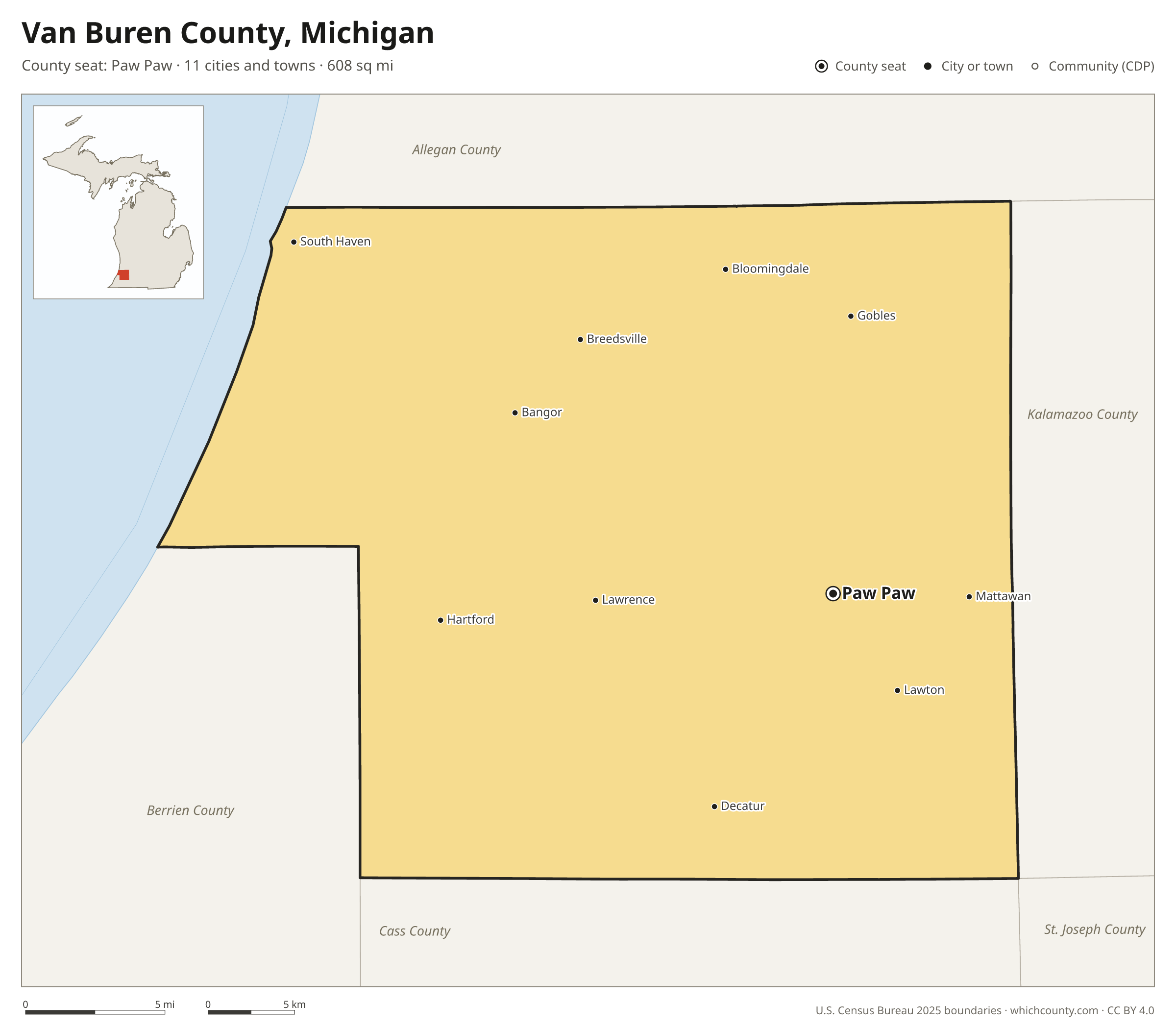 Map of Van Buren County, Michigan with cities, towns and the county boundary