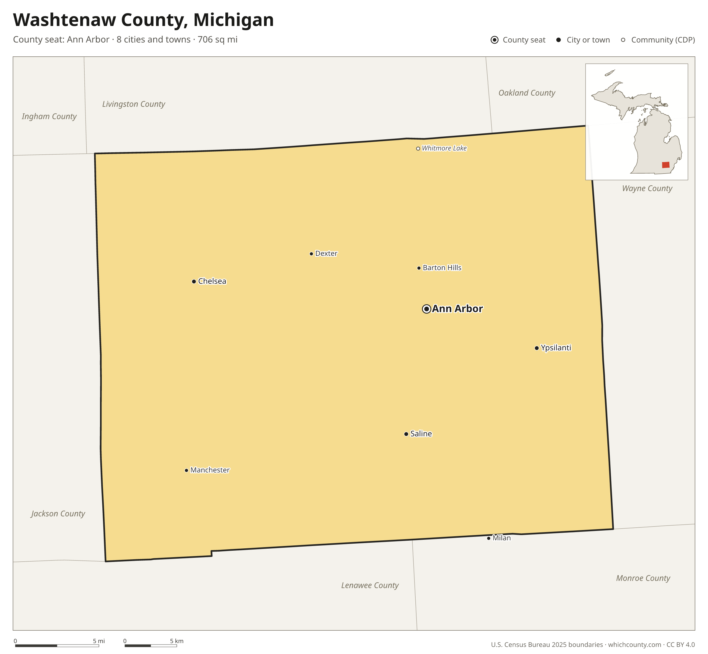Map of Washtenaw County, Michigan with cities, towns and the county boundary