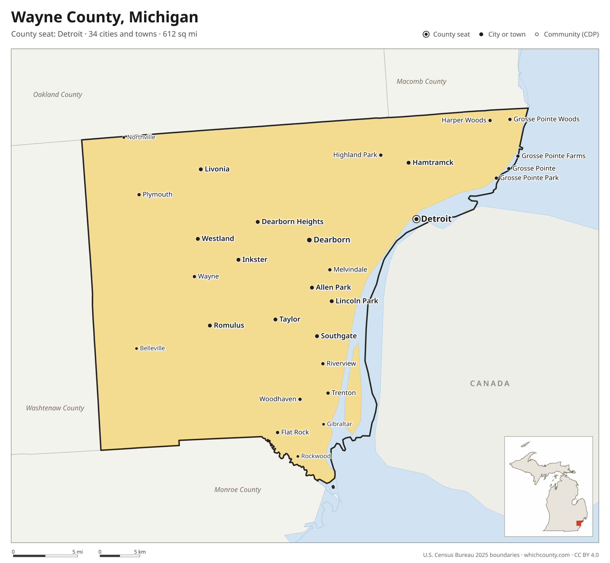 Map of Wayne County, Michigan with cities, towns and the county boundary