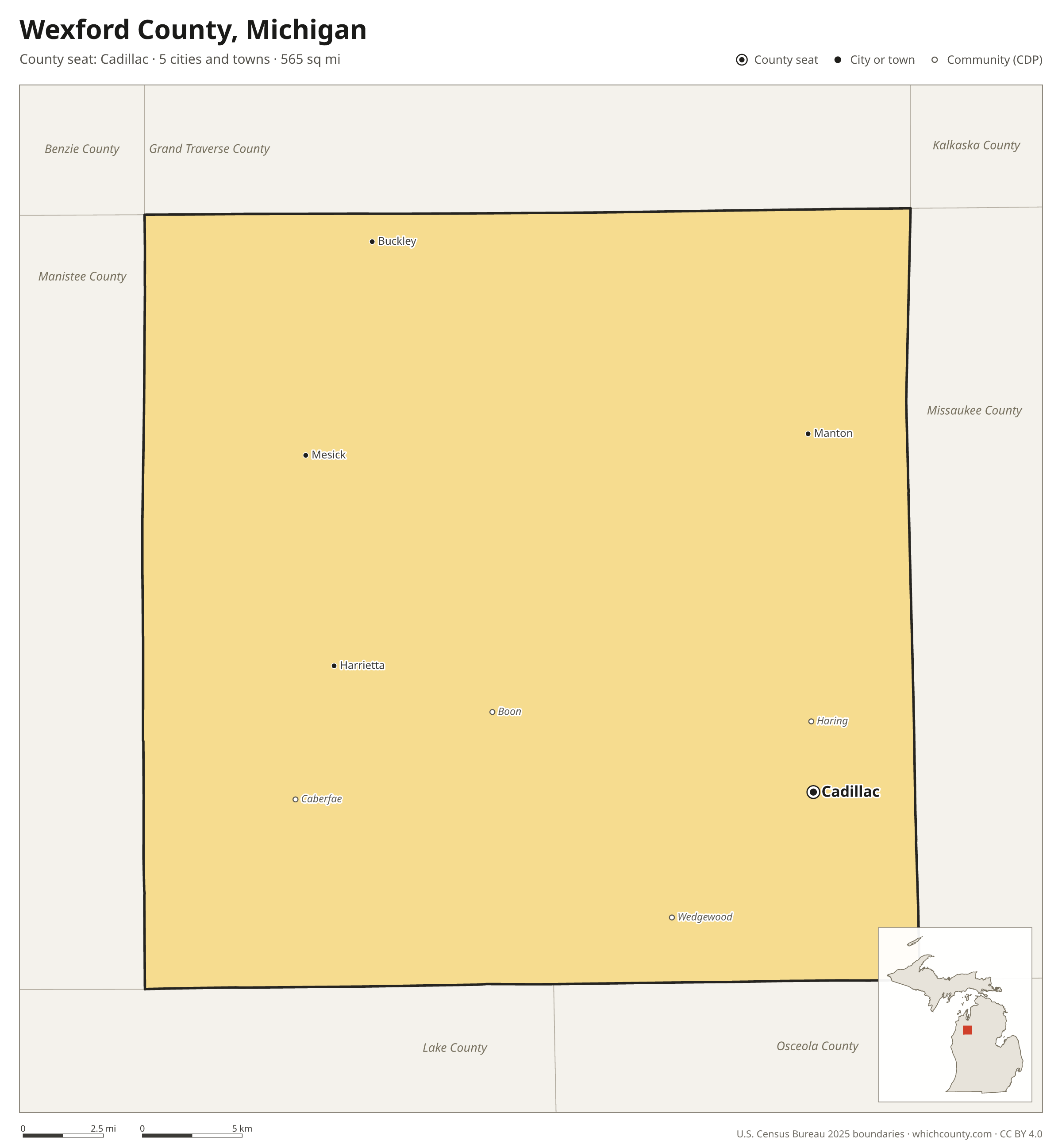 Map of Wexford County, Michigan with cities, towns and the county boundary