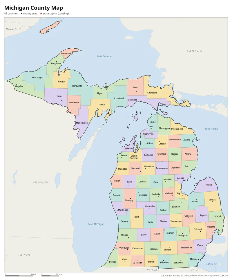 Michigan county map with all 83 counties labeled
