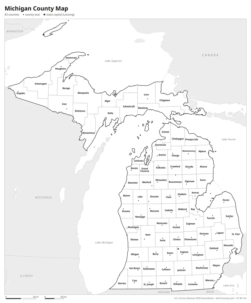Black and white Michigan county map