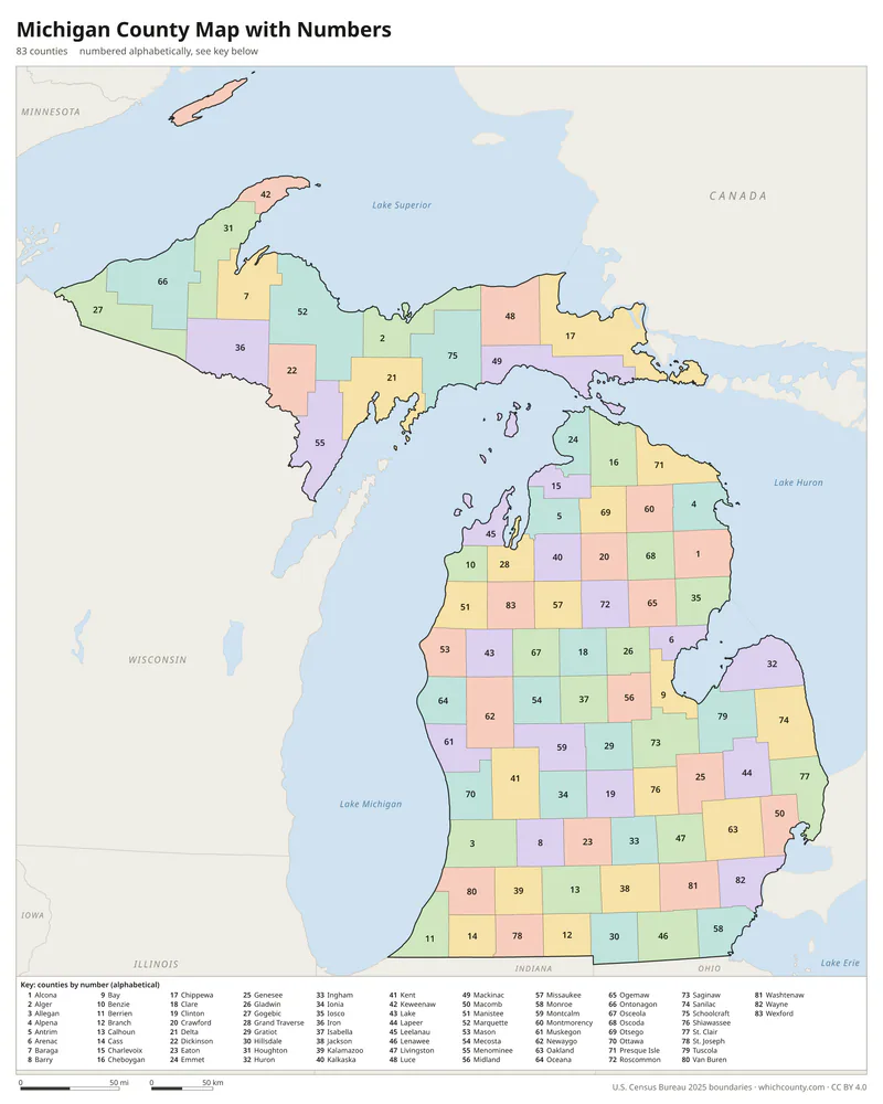 Michigan county map with numbers