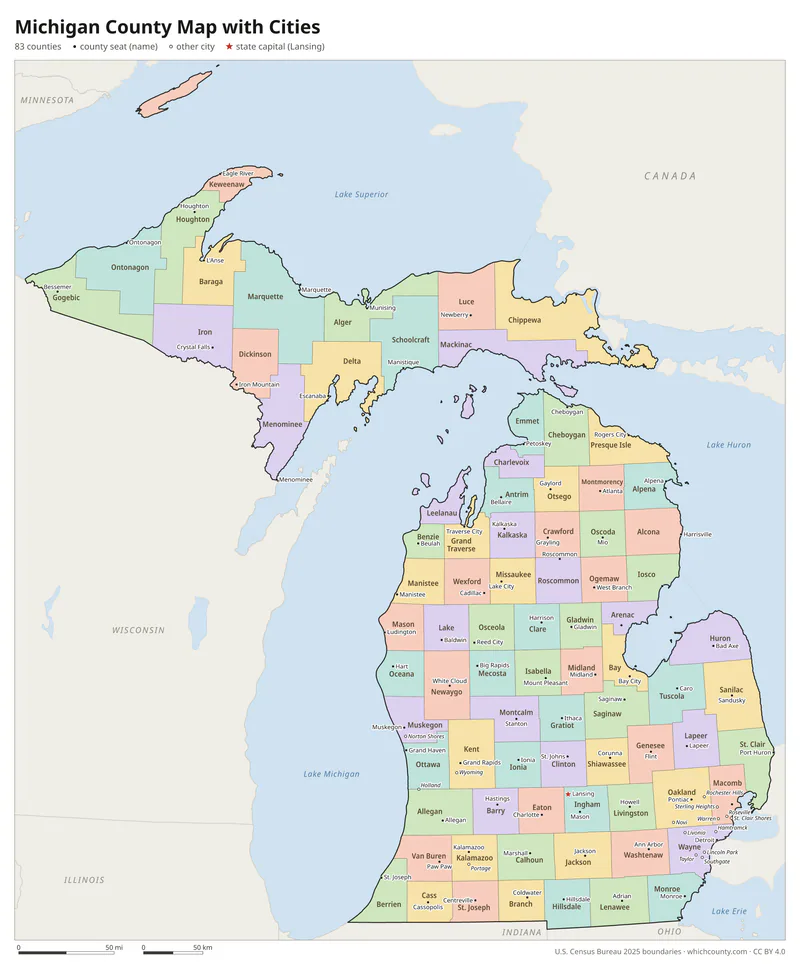 Michigan county map with cities and county seats