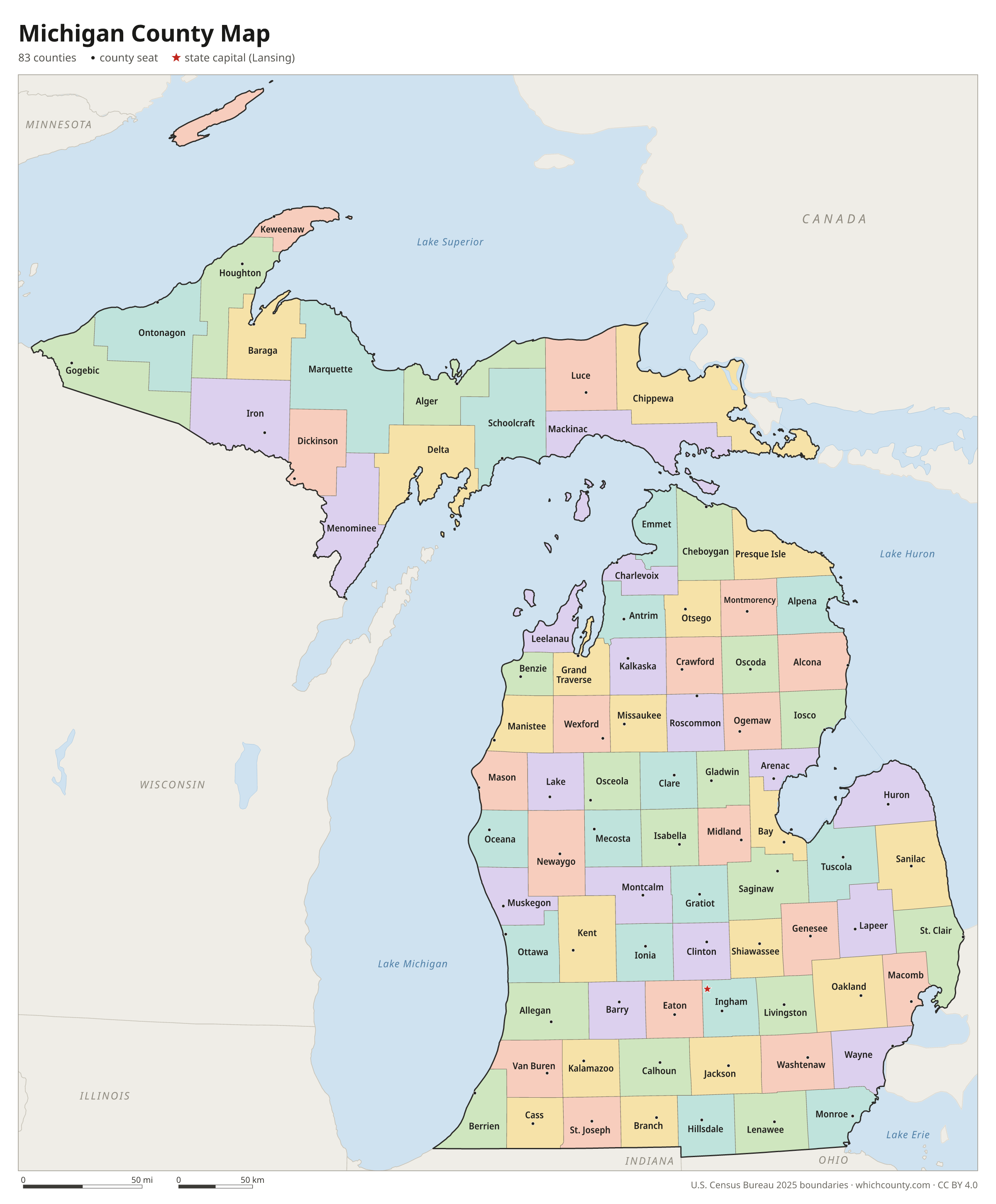 Michigan county map showing all 83 counties with county names and county seats