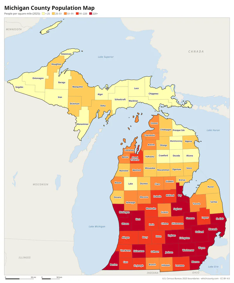 Map of Michigan counties shaded by population density