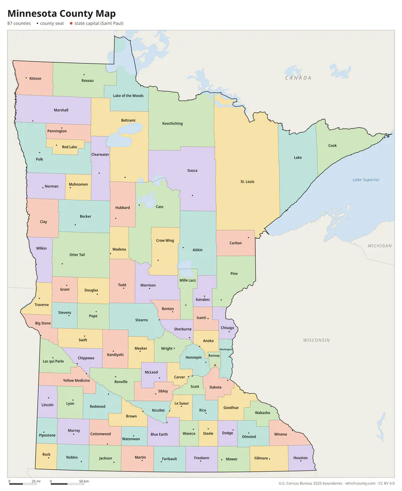 Minnesota county map with all 87 counties labeled