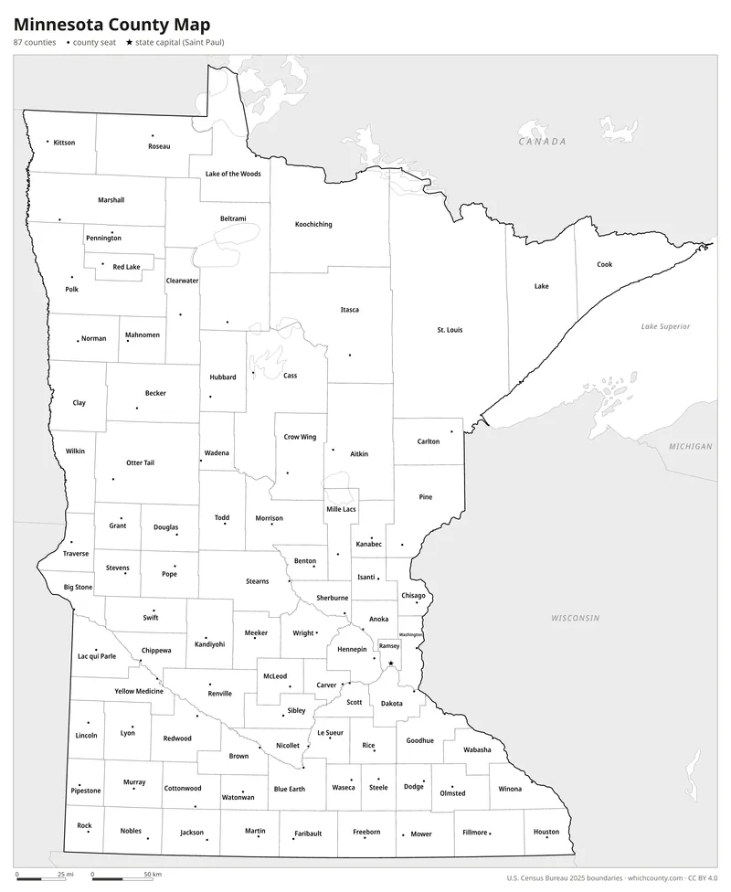 Black and white Minnesota county map