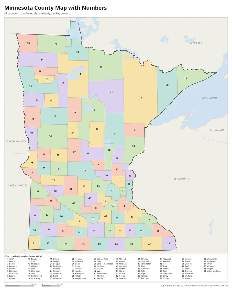 Minnesota county map with numbers