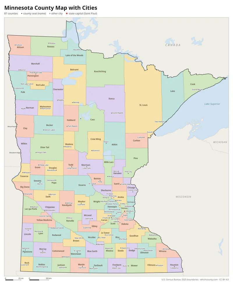 Minnesota county map with cities and county seats