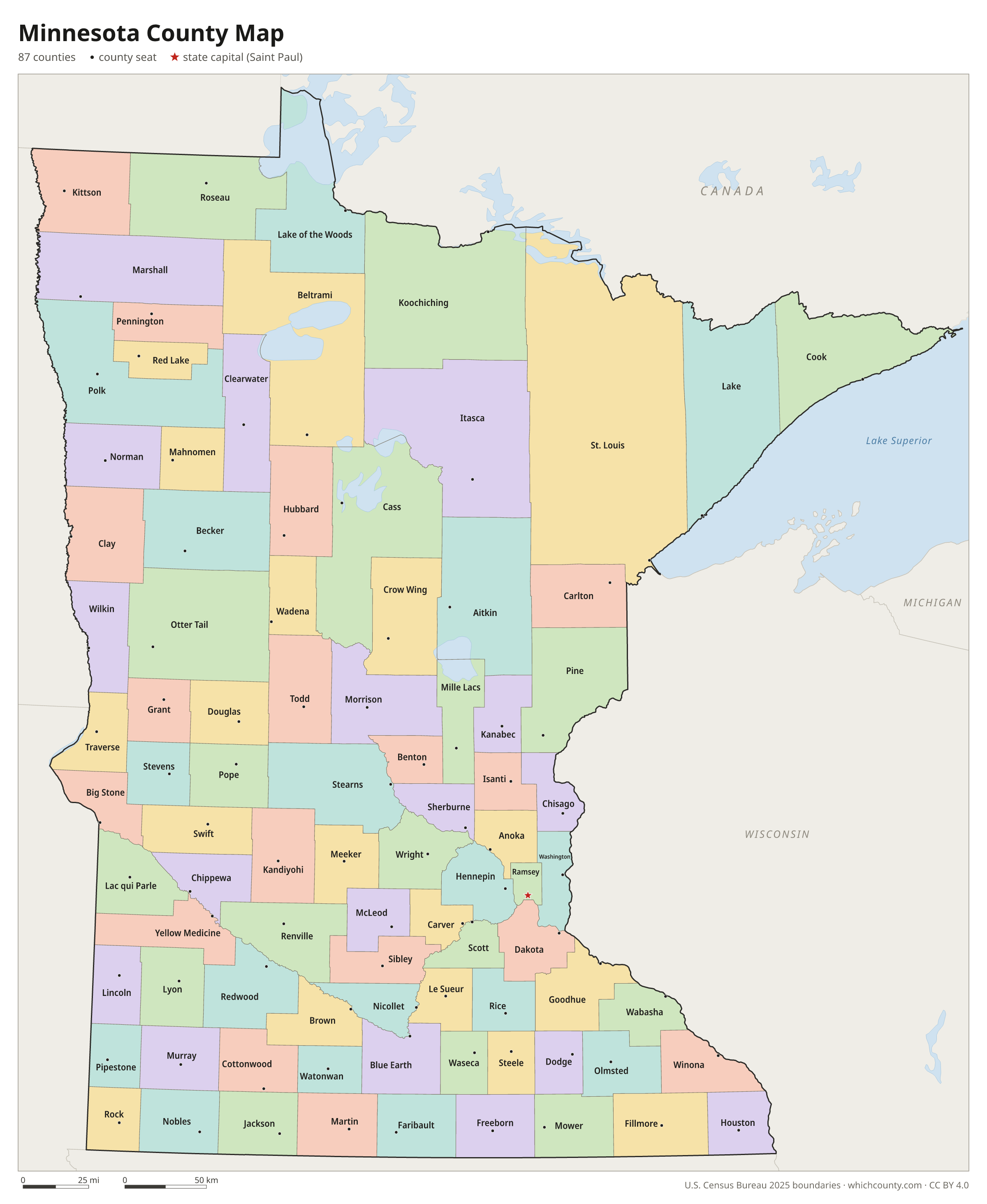 Minnesota county map showing all 87 counties with county names and county seats