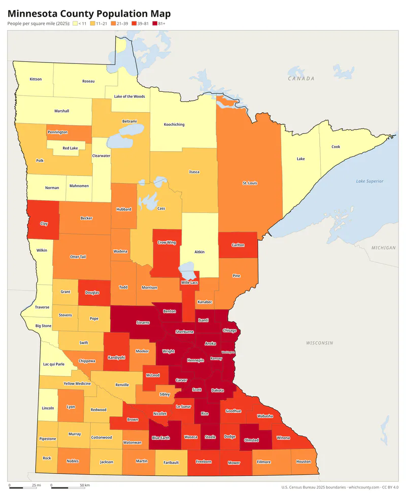 Map of Minnesota counties shaded by population density
