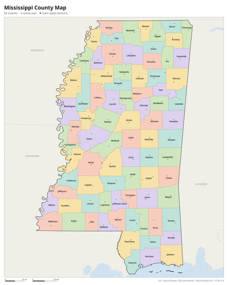 Mississippi county map with all 82 counties labeled