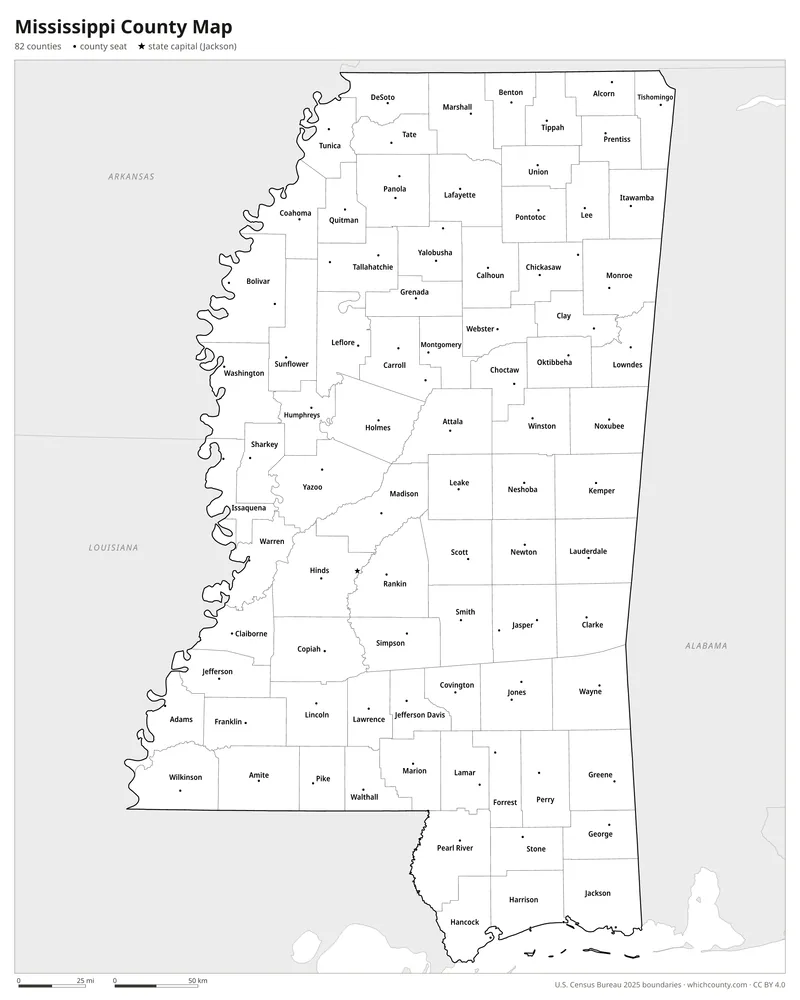 Black and white Mississippi county map