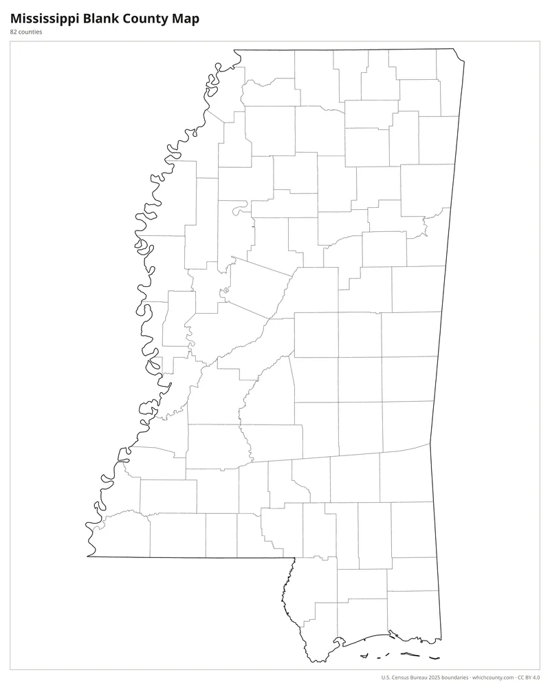 Blank outline map of Mississippi counties