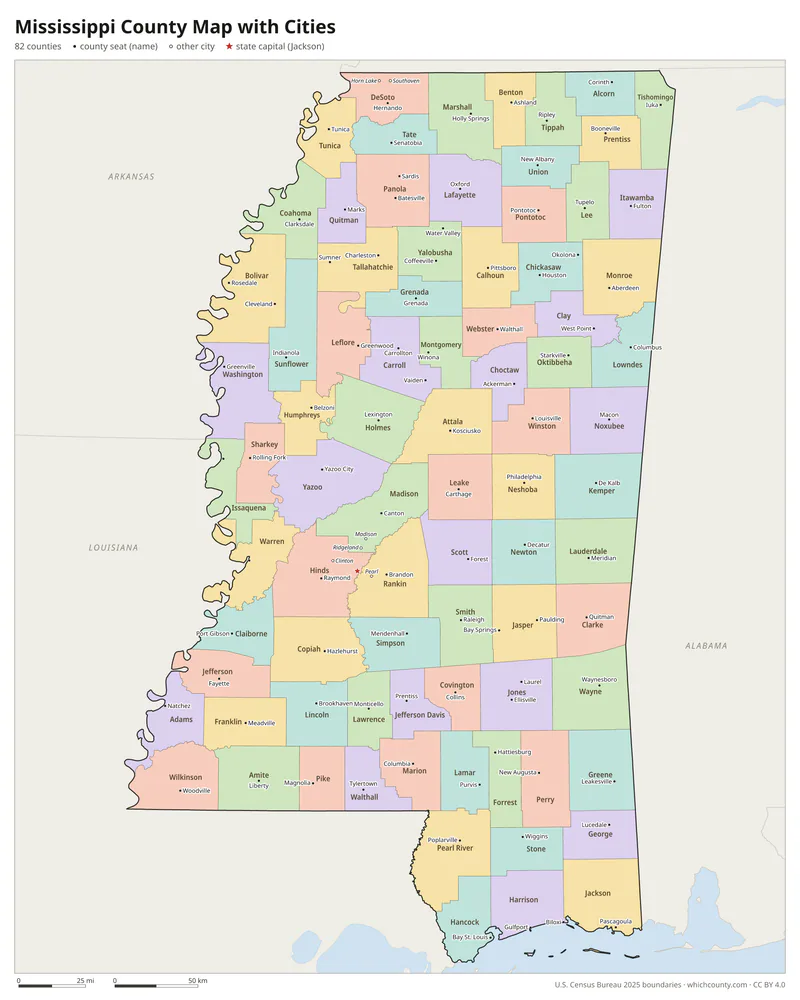 Mississippi county map with cities and county seats