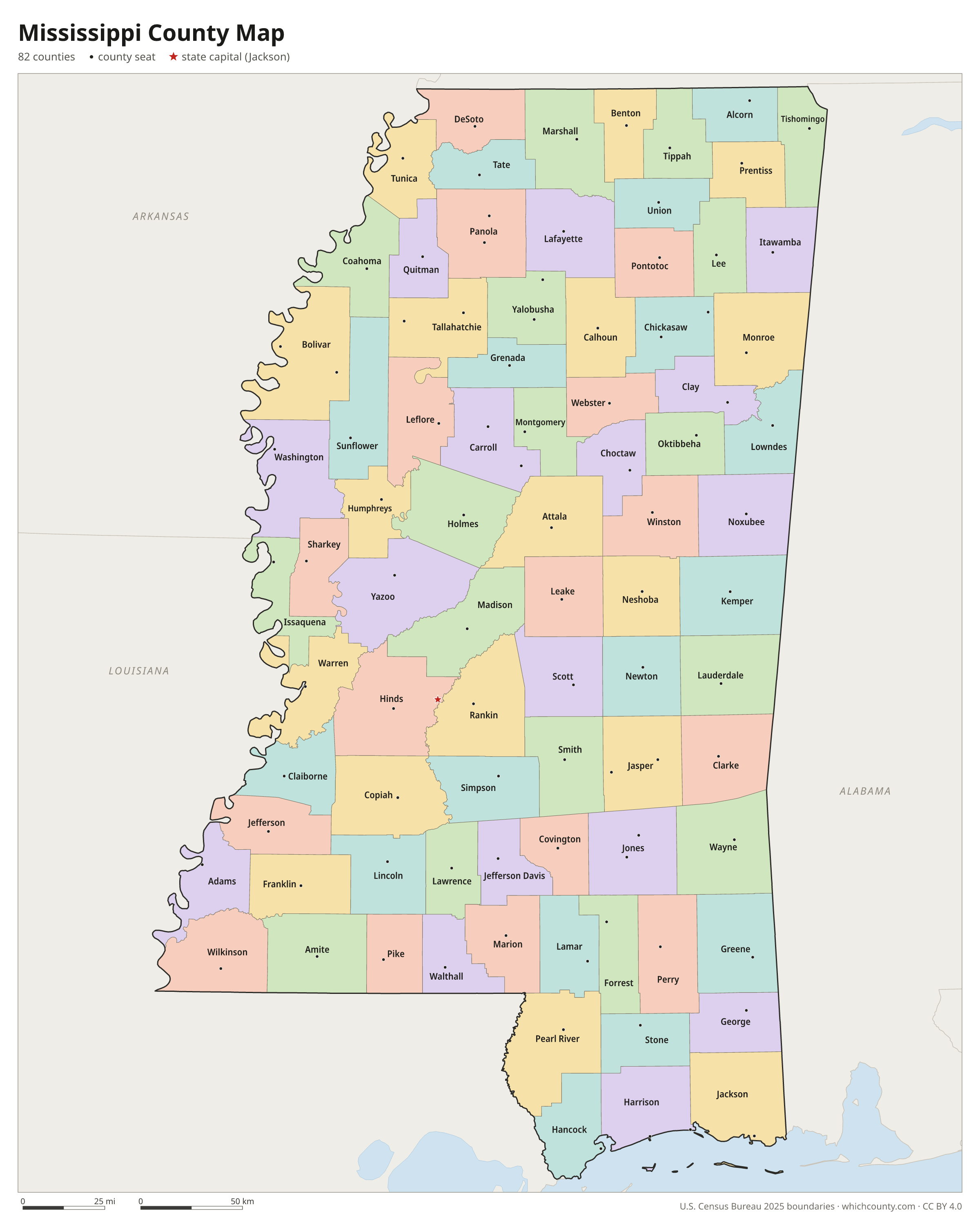 Mississippi county map showing all 82 counties with county names and county seats