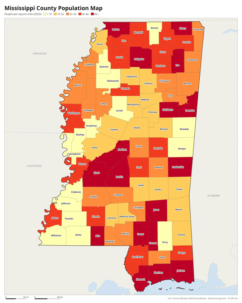 Map of Mississippi counties shaded by population density