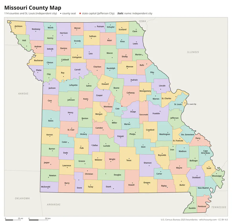 Missouri county map with all 115 counties labeled