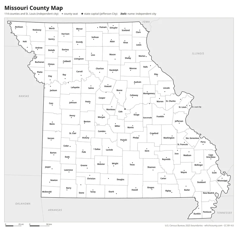 Black and white Missouri county map