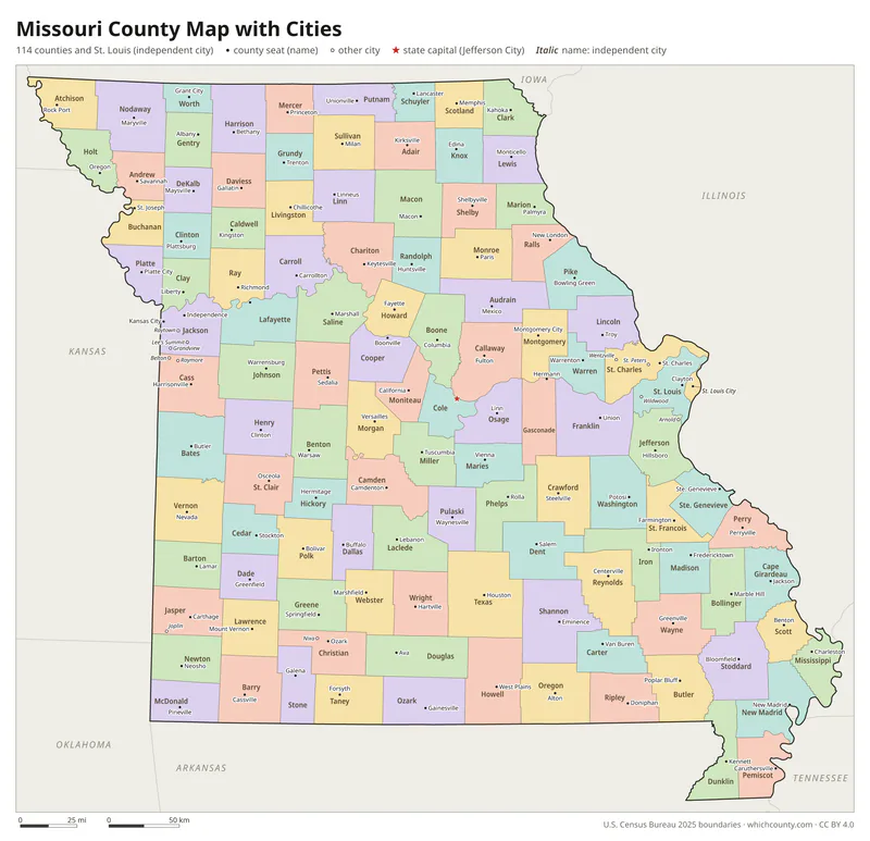 Missouri county map with cities and county seats