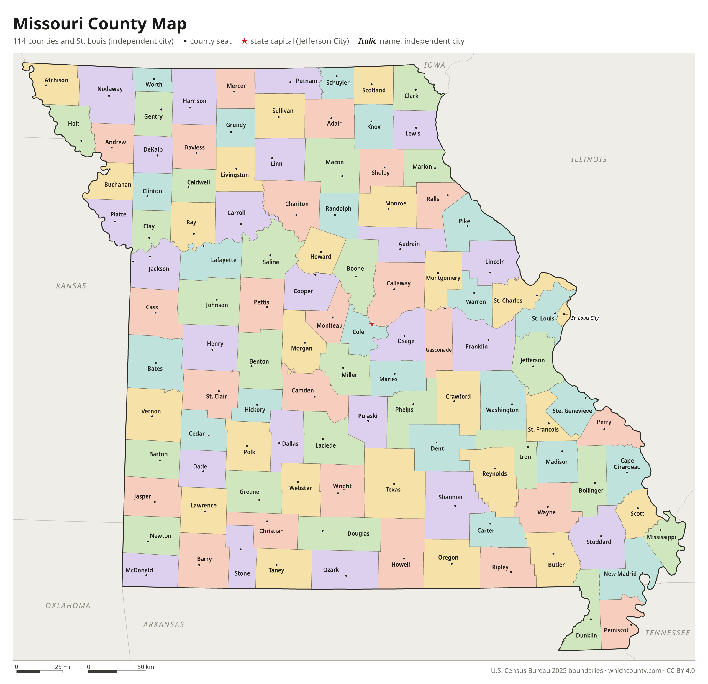 Missouri county map showing all 115 counties with county names and county seats
