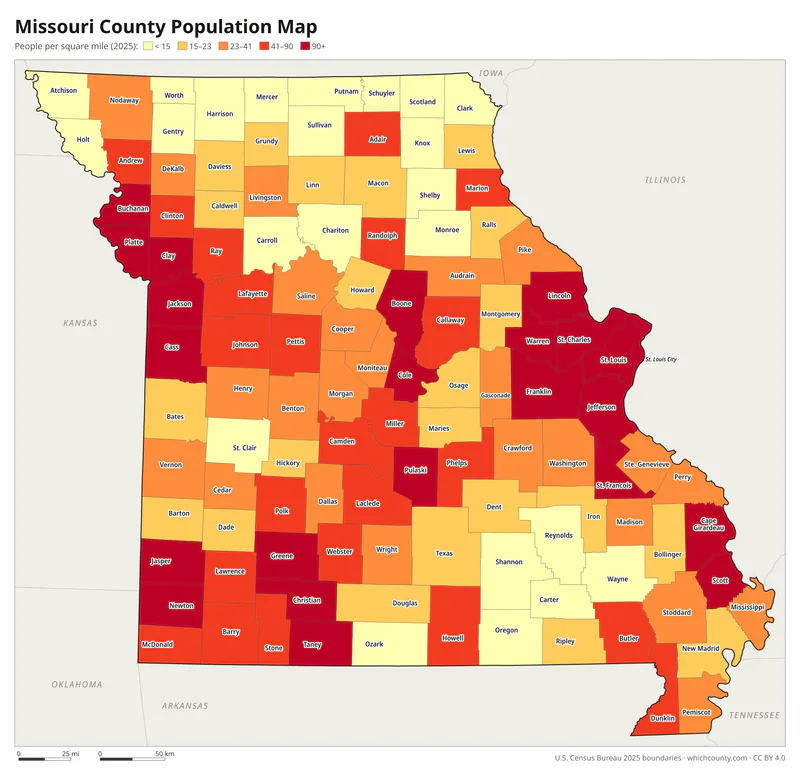 Map of Missouri counties shaded by population density