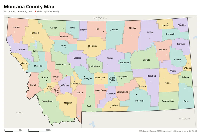 Montana county map with all 56 counties labeled