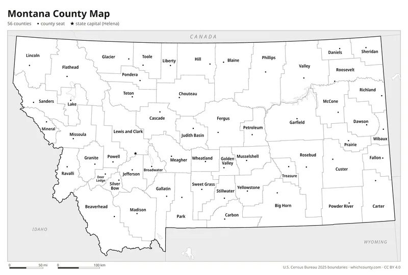 Black and white Montana county map