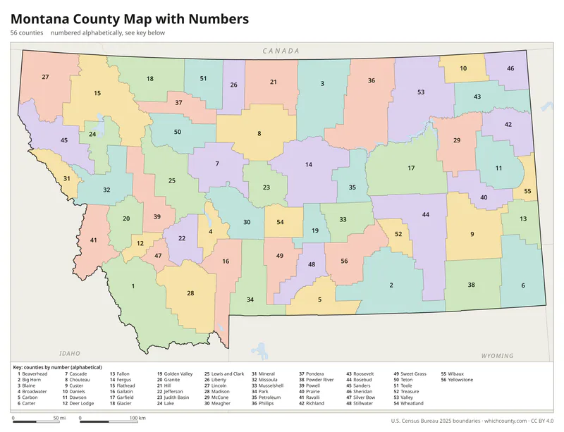 Montana county map with numbers