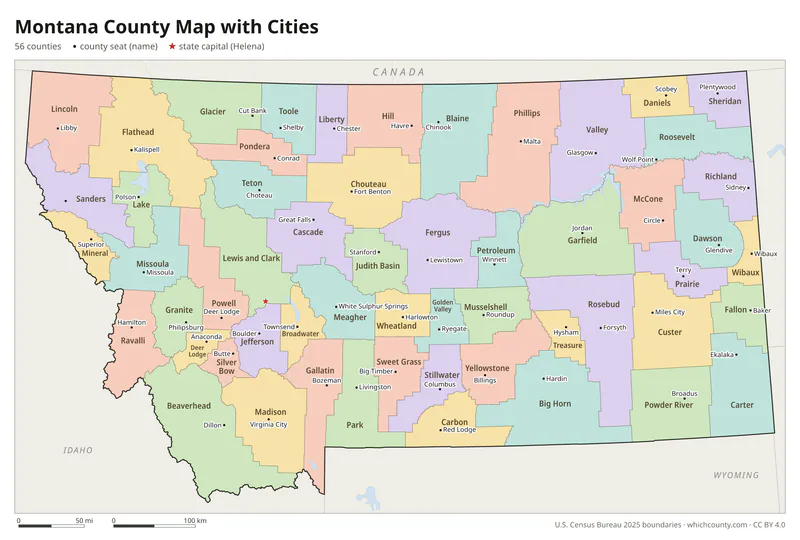 Montana county map with cities and county seats