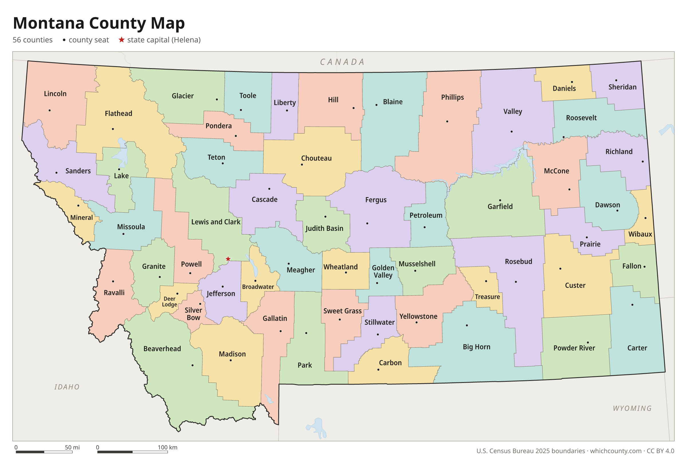 Montana county map showing all 56 counties with county names and county seats