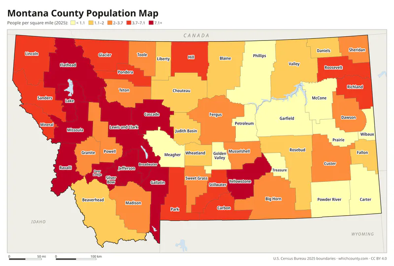 Map of Montana counties shaded by population density
