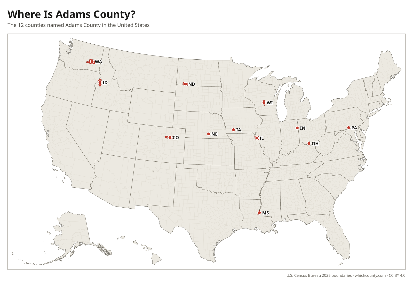 Map of the United States showing where all 12 Adams Counties are, labeled by state