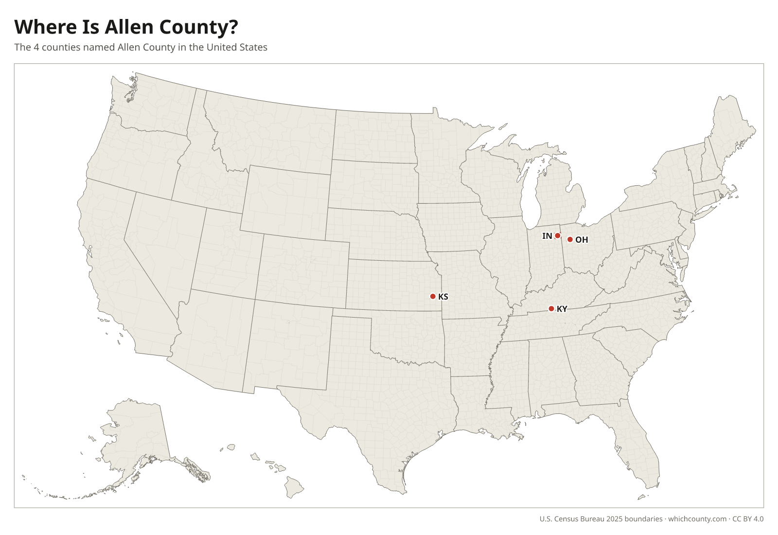 Map of the United States showing where all 4 Allen Counties are, labeled by state