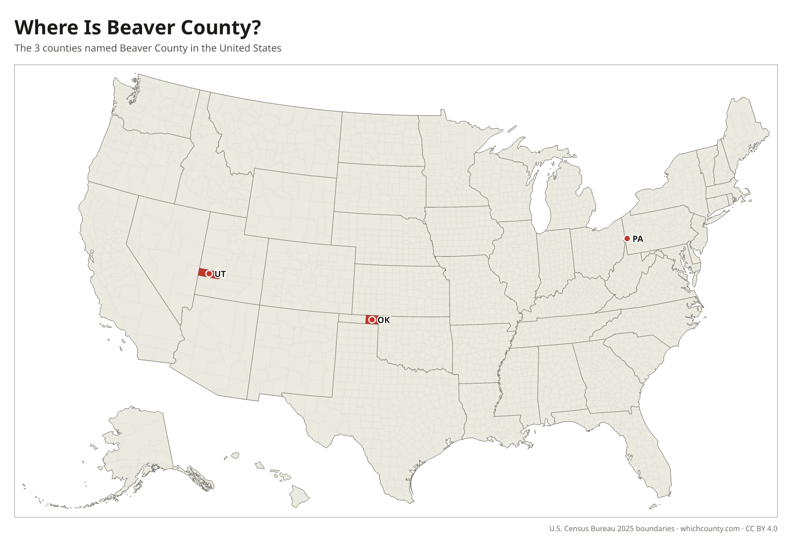 Map of the United States showing where all 3 Beaver Counties are, labeled by state