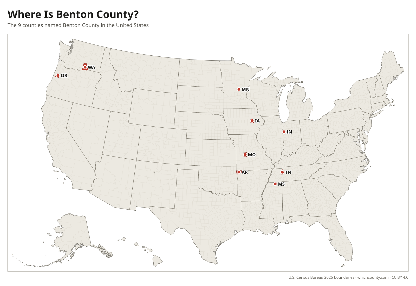 Map of the United States showing where all 9 Benton Counties are, labeled by state