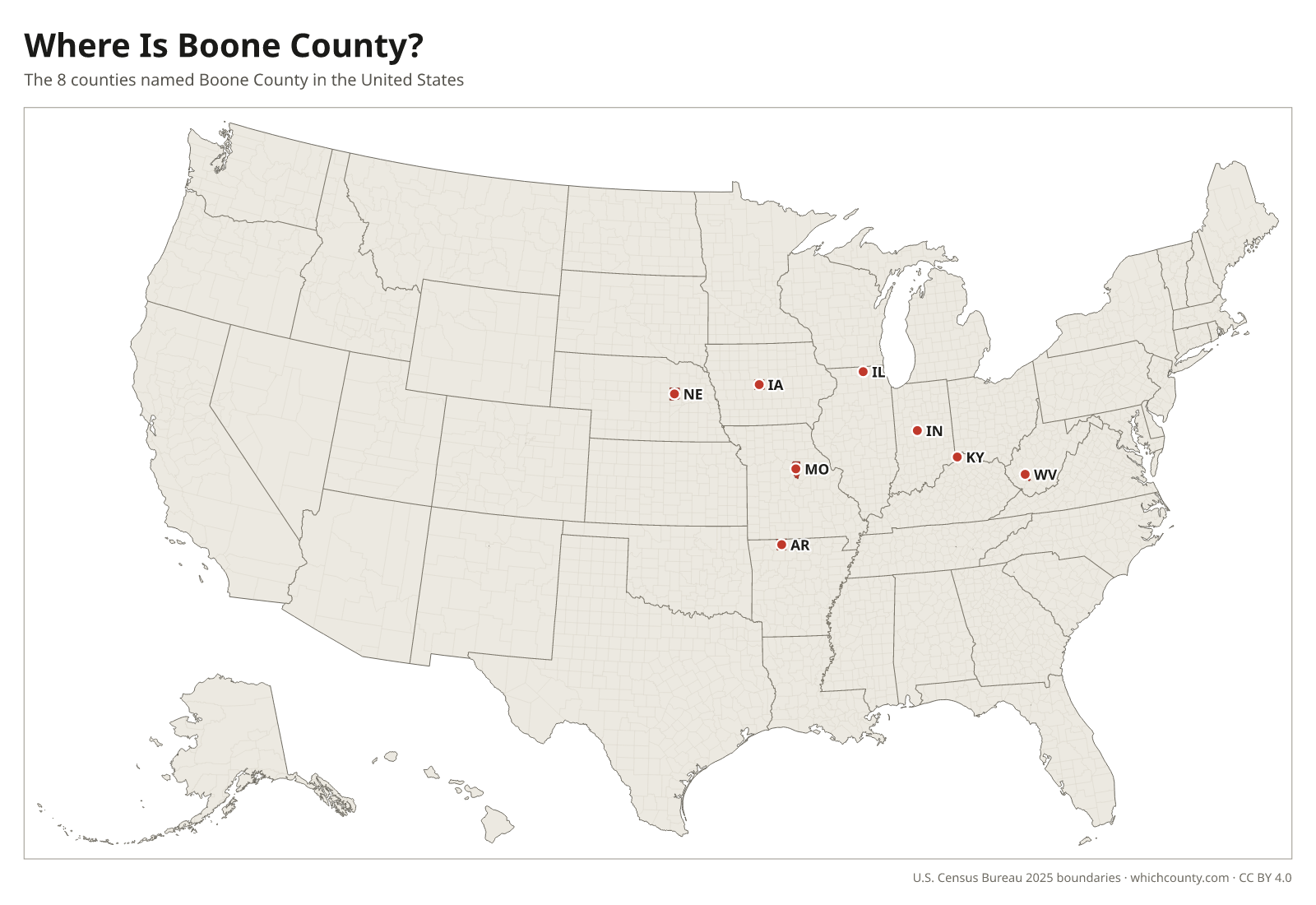 Map of the United States showing where all 8 Boone Counties are, labeled by state