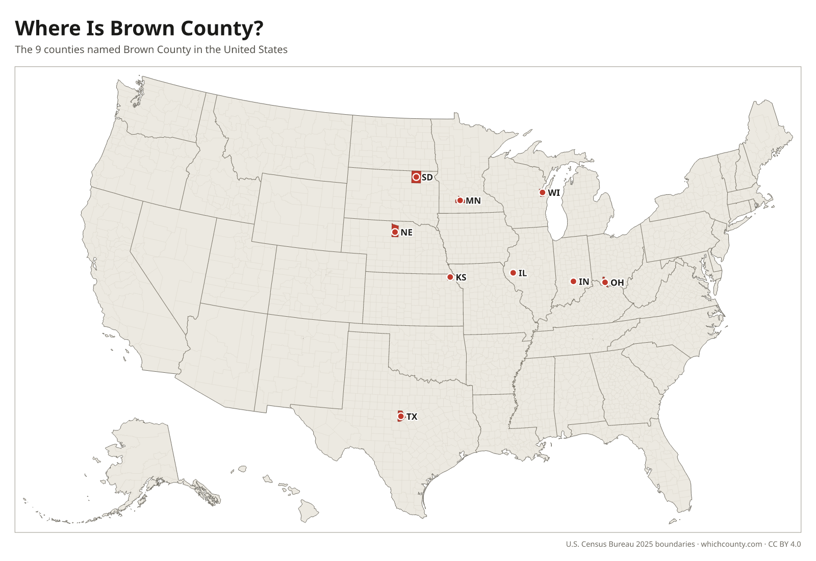 Map of the United States showing where all 9 Brown Counties are, labeled by state