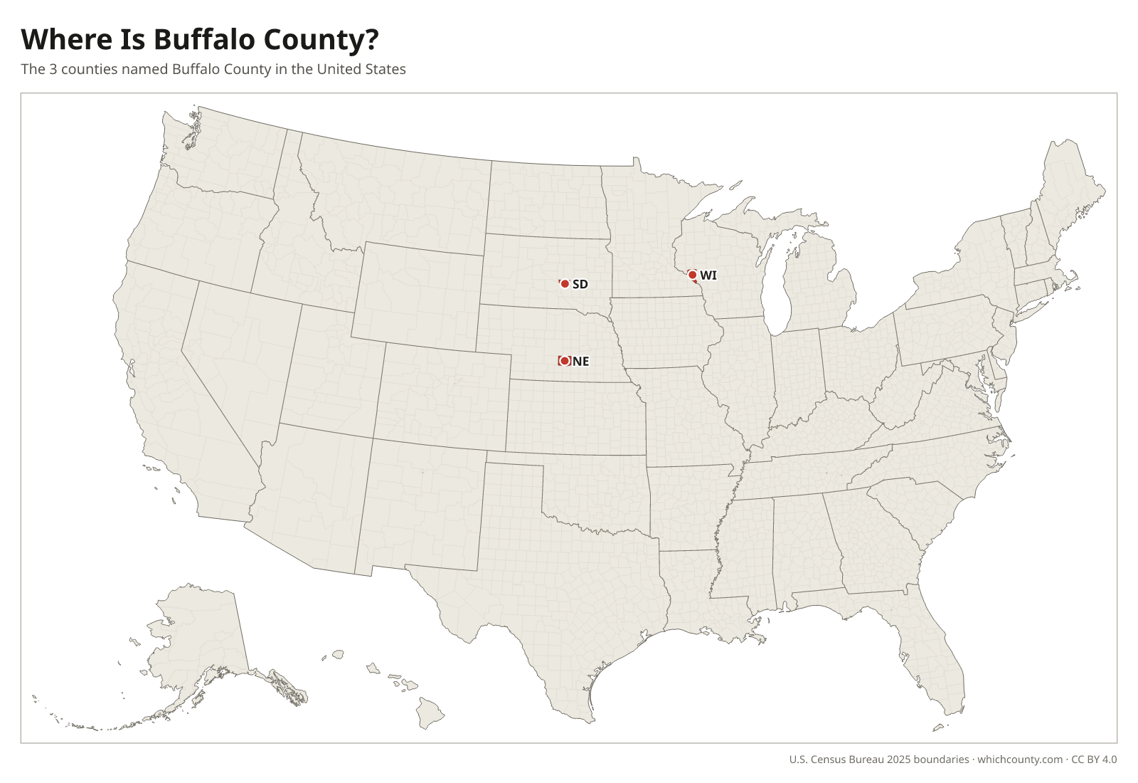 Map of the United States showing where all 3 Buffalo Counties are, labeled by state